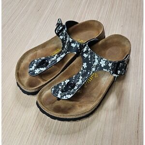Papillio Birkenstock Gizeh Sandals Women 36 Black Floral T-Strap Cork Footbed